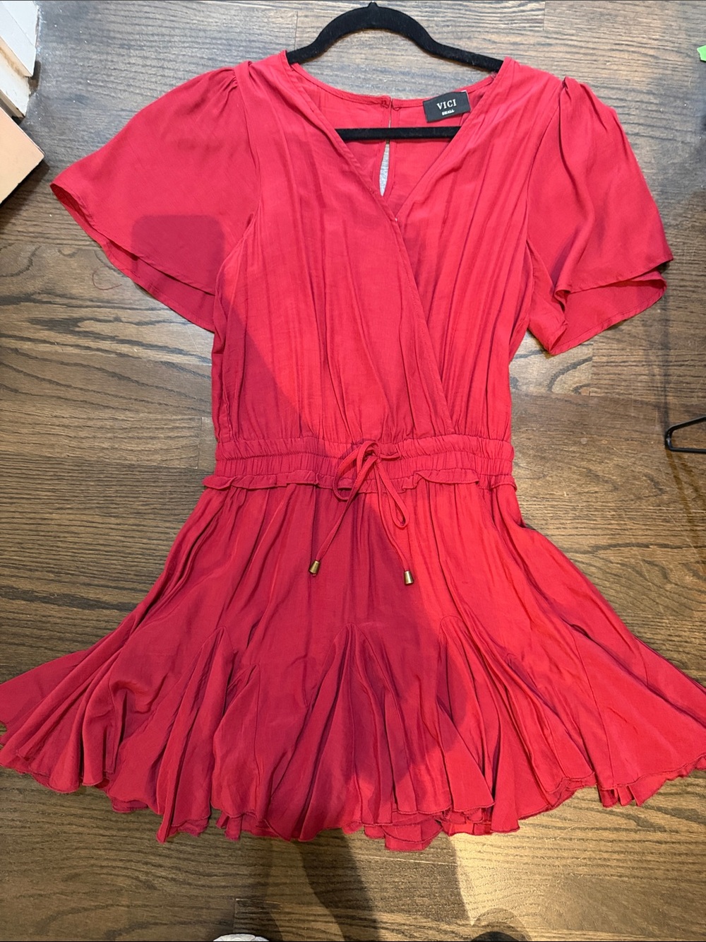 Vici Red Short Sleeve Tie-Waist Dress (shorts under)